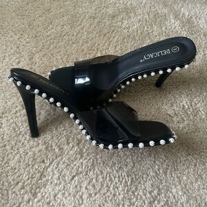 Delicacy Black Heels with Rhinestone Trim